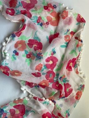 Feminine & Fun, Sheer Floral Pom Pom Scarf - Pink & Coral Flower Print